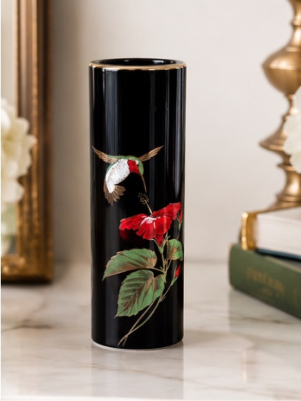 Vintage Otagiri Japan Hummingbird Hibiscus Bud Vase Black Porcelain 6” Gibson
